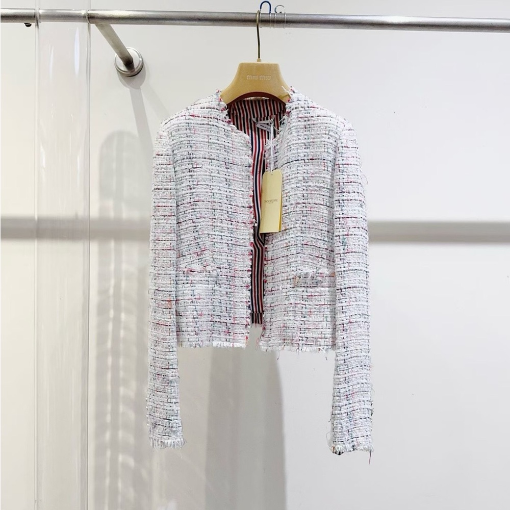🚩steal authentic Thom Browne White Tweed Blazer with Red and Black Accents